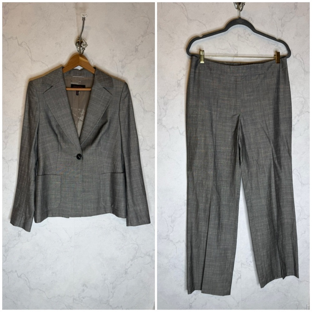 Escada gray linen silk wool matching blazer jacket & trousers women's pantsuit